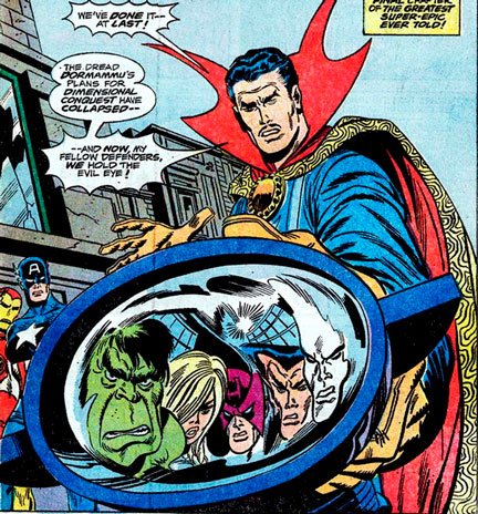 Dr. Strange wearing the Evil Eye in an illustration showing Avengers and Defenders.